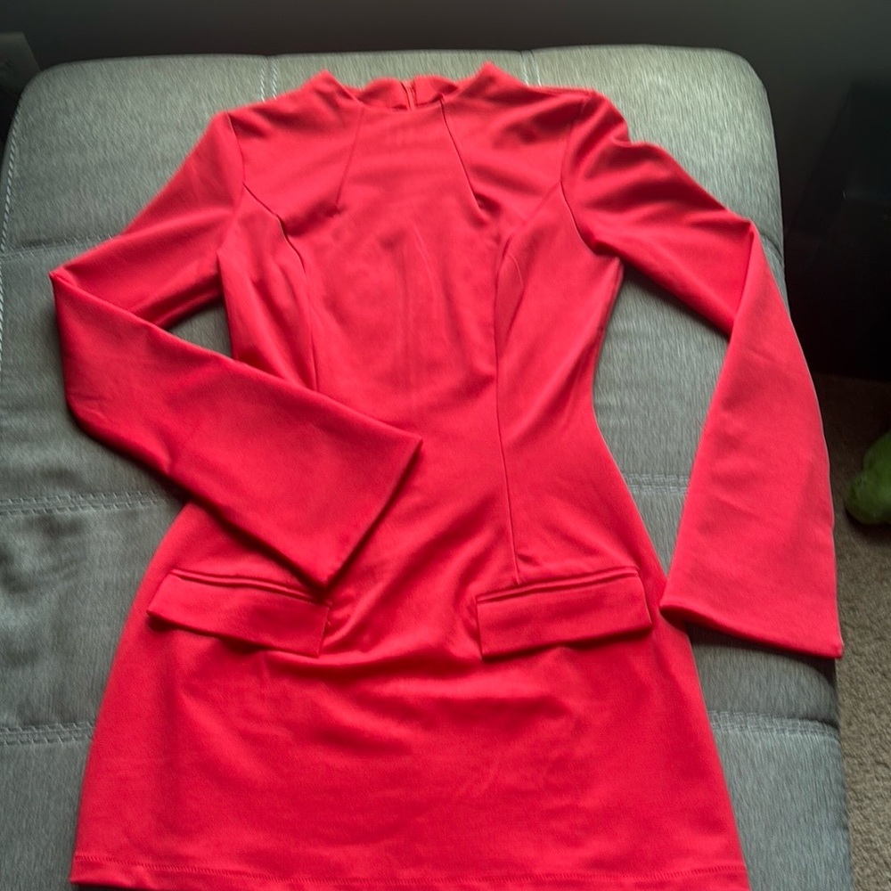 Red Bodycon Long Sleeve Mock Neck Dress